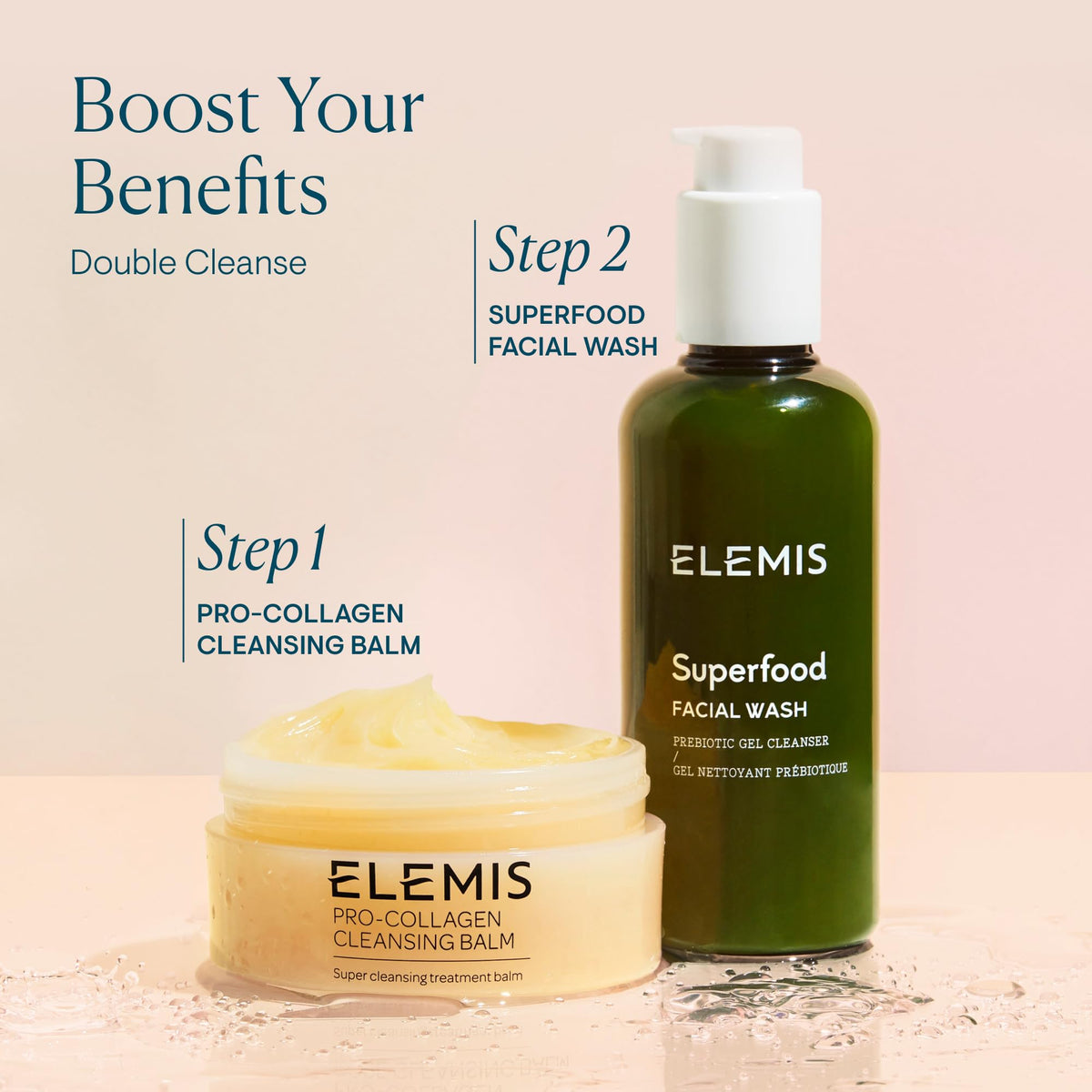 ELEMIS bottle next to hand showing 200ml size and travel-friendly benefit
