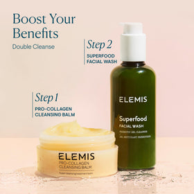 ELEMIS bottle next to hand showing 200ml size and travel-friendly benefit