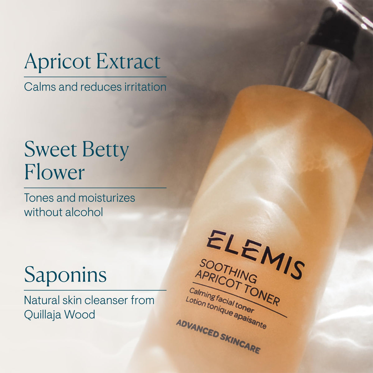 ELEMIS bottle label detail highlights apricot and alcohol-free formula