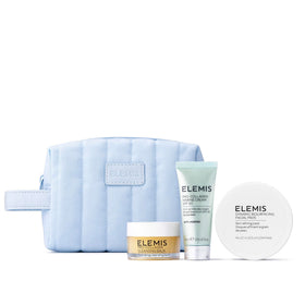 ELEMIS travel set front packaging showing compact skincare trio and benefits