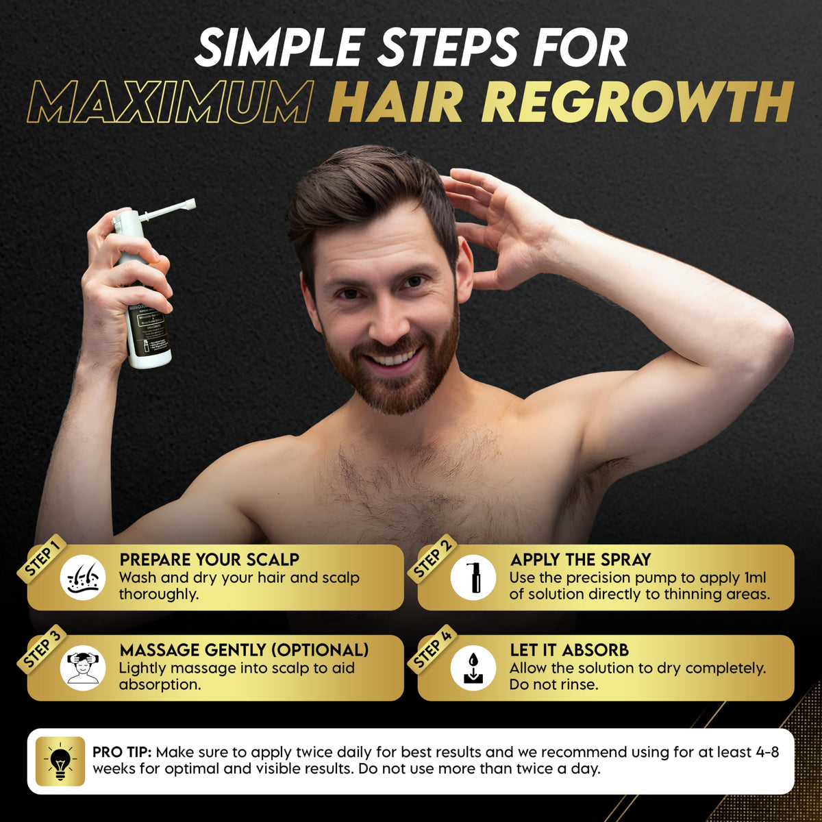 Elevate applying minoxidil spray to scalp targeting thinning area
