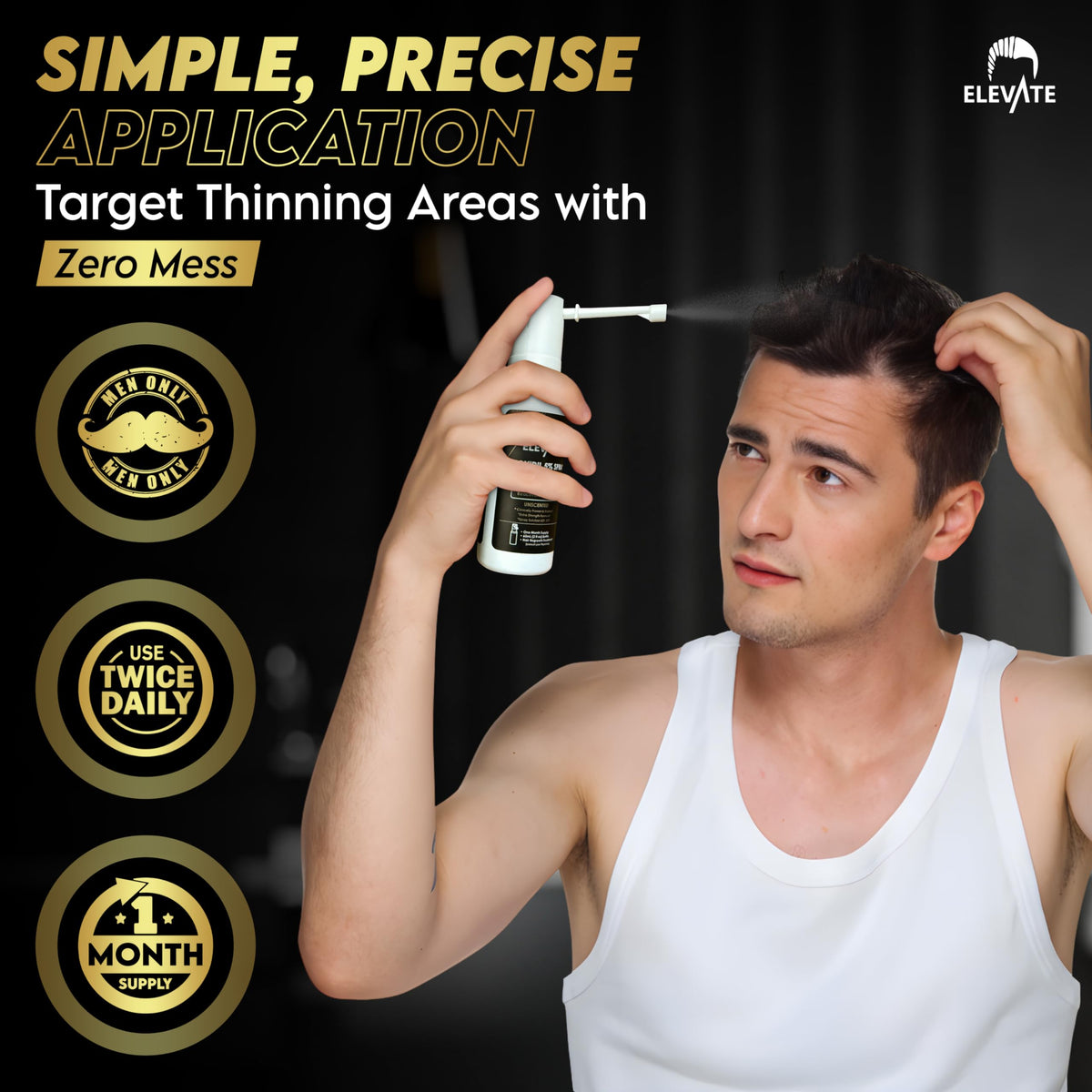 Elevate applying spray to beard to encourage fuller facial hair