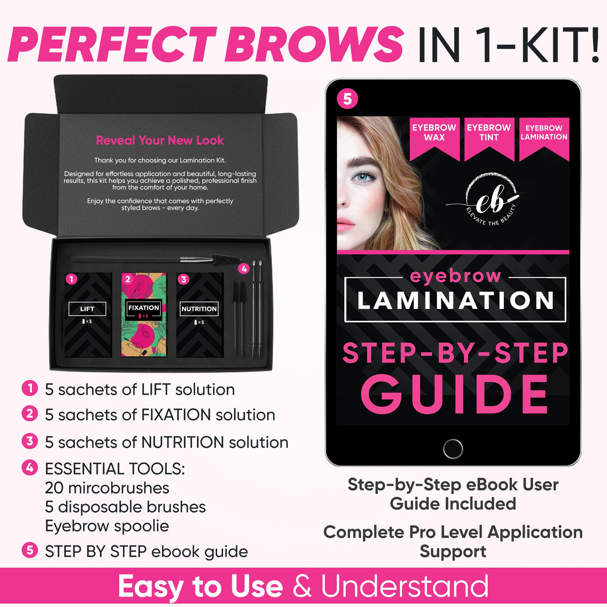 Elevate the Beauty after-treatment brows showing lifted, groomed results