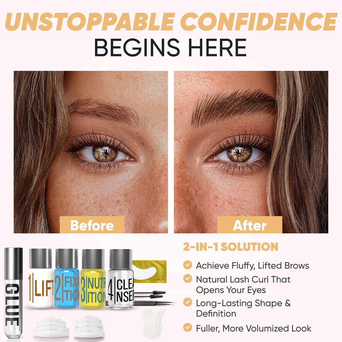Elevate the Beauty kit contents laid out with tools for professional application