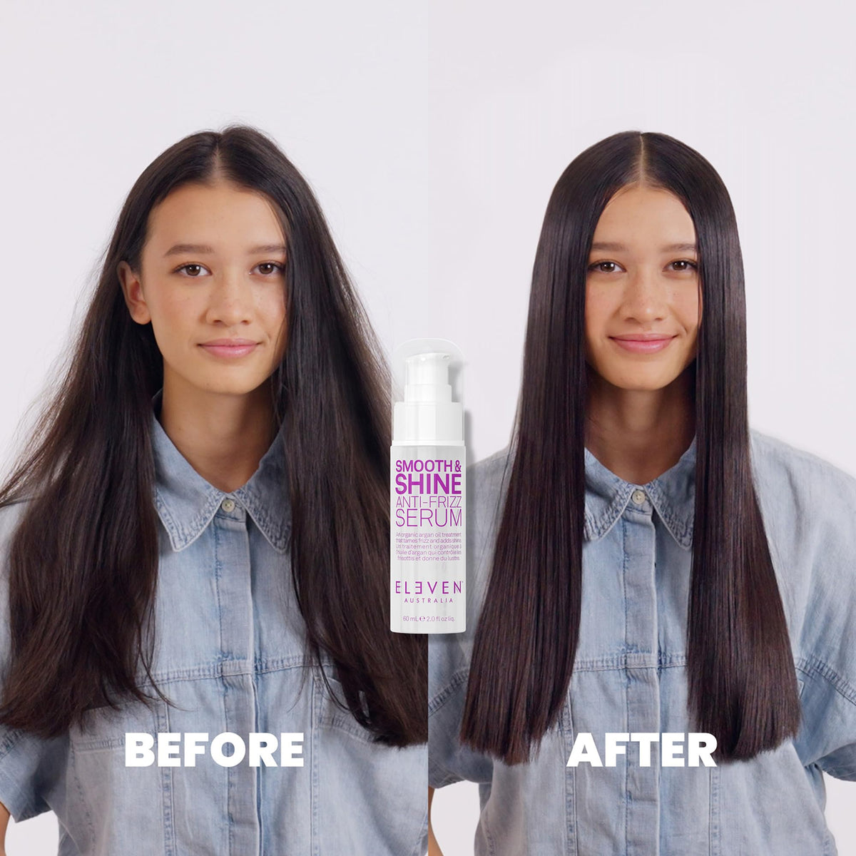 ELEVEN AUSTRALIA before and after smoothing showing reduced frizz and improved shine