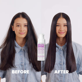 ELEVEN AUSTRALIA before and after smoothing showing reduced frizz and improved shine