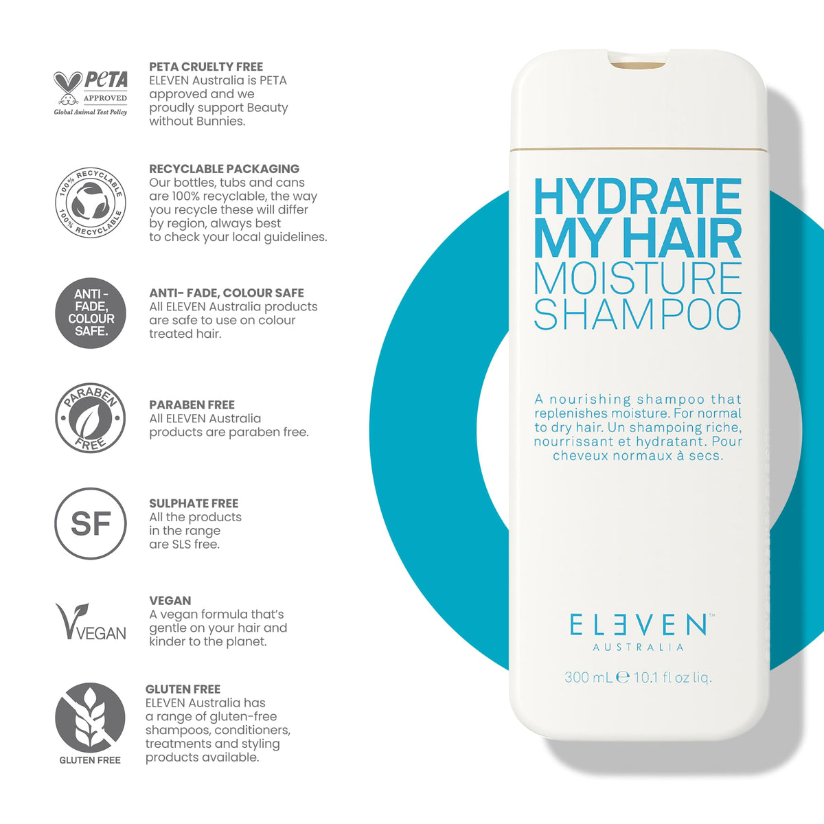 ELEVEN AUSTRALIA shampoo on shelf in bathroom showing styling-ready hair