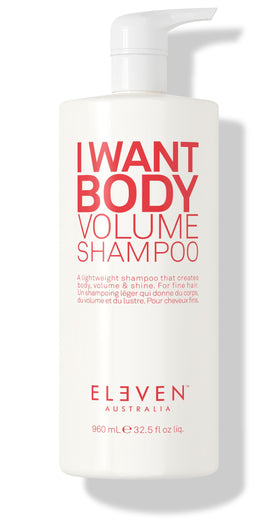 ELEVEN AUSTRALIA front label of I Want Body Volume Shampoo shows product benefits