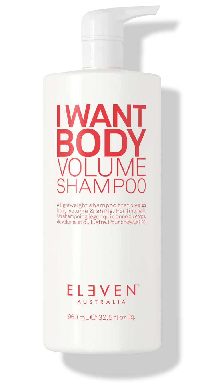 ELEVEN AUSTRALIA front label of I Want Body Volume Shampoo shows product benefits