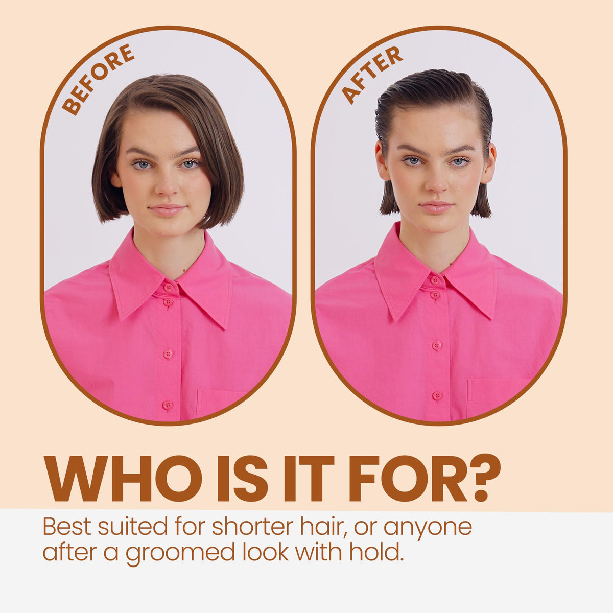ELEVEN AUSTRALIA combed hairstyle close-up with shine, shows sleek controlled finish