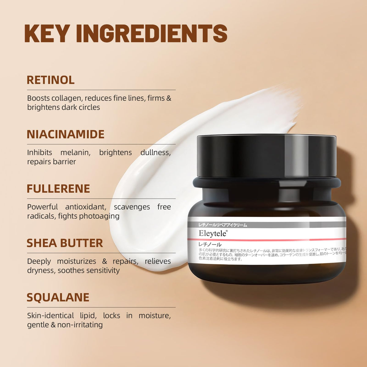 eleytele cream applied under eye showing smoothing effect and quick absorption