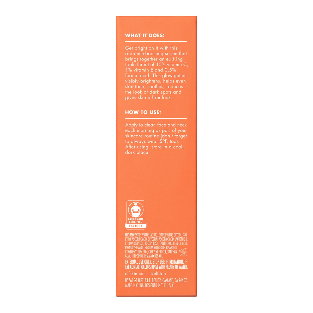 e.l.f. close-up of label with vitamin C and ferulic details, emphasizing potency