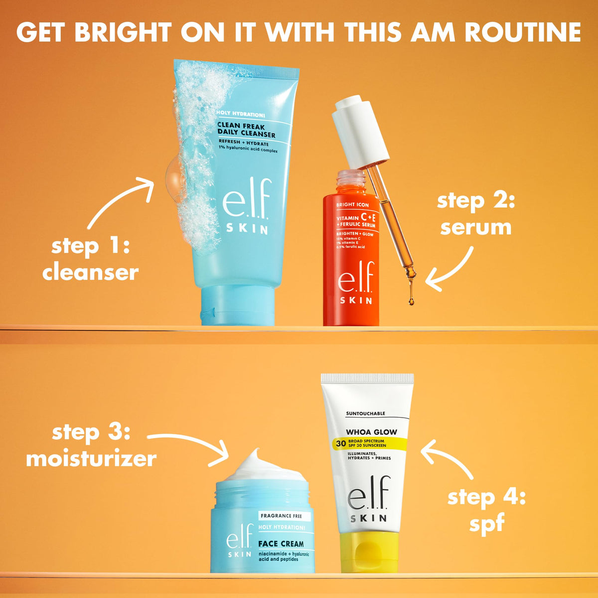 e.l.f. serum on bathroom shelf next to SPF, showing morning routine pairing