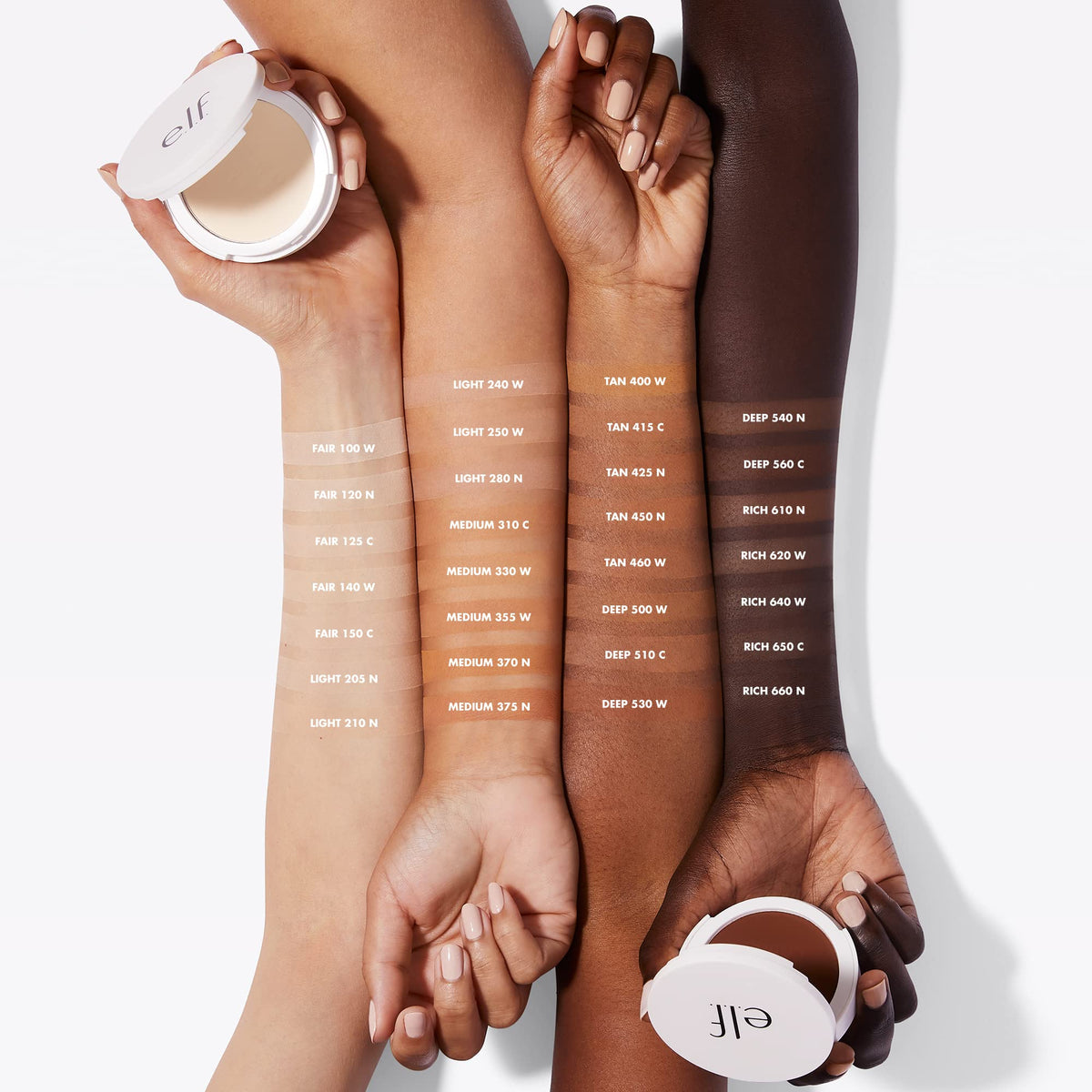 e.l.f. swatches on skin showing buildable coverage and shade Fair 150