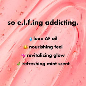 e.l.f. lip oil texture with apricot oil sheen highlighting lightweight hydration benefit: moisturizing feel