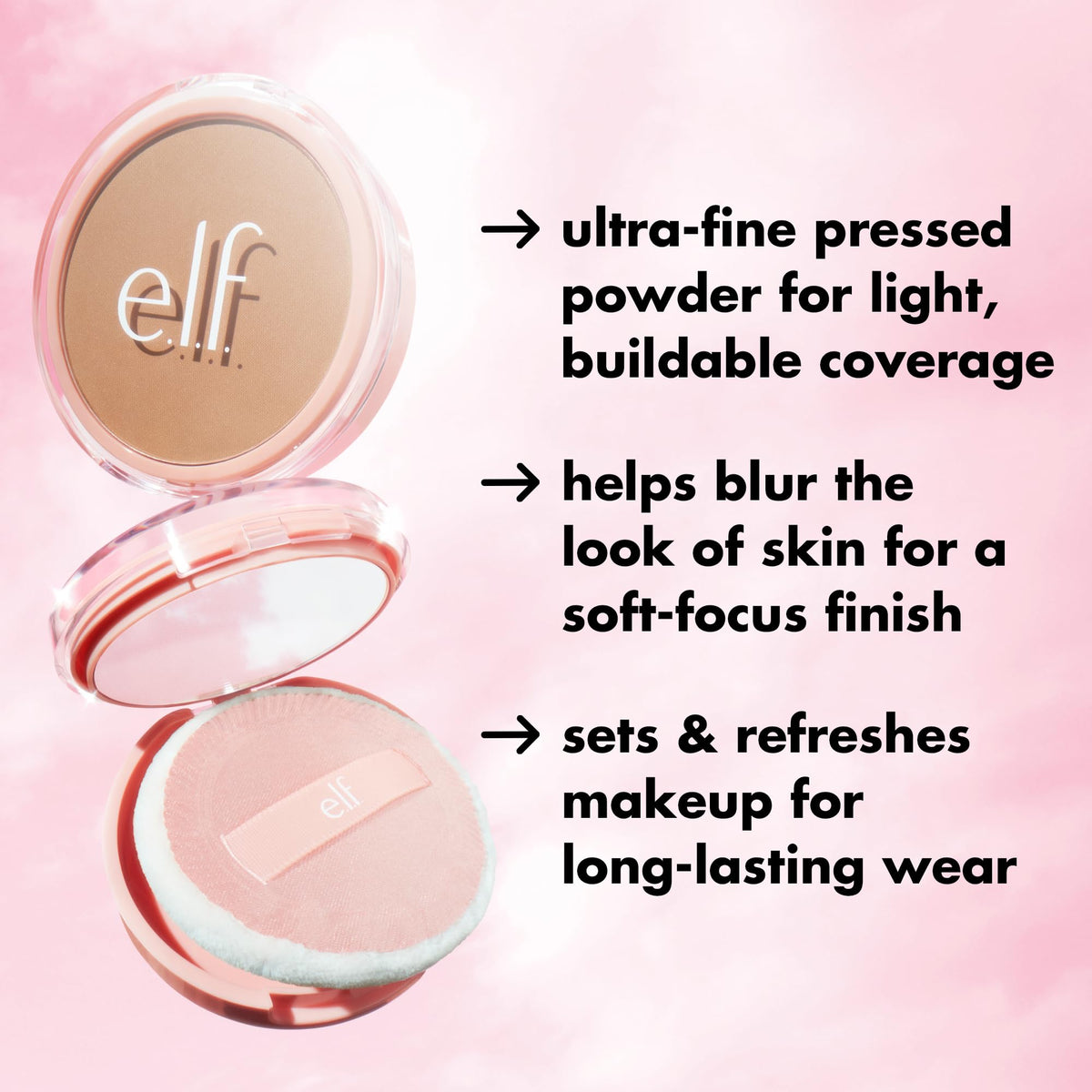 e.l.f. puff pressing powder into skin demonstrating long-lasting setting benefit
