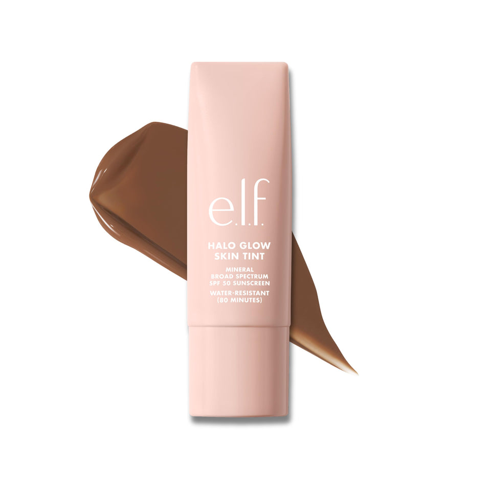 e.l.f. Halo Glow Skin Tint 14 Deep Warm front bottle shows shade and packaging benefit