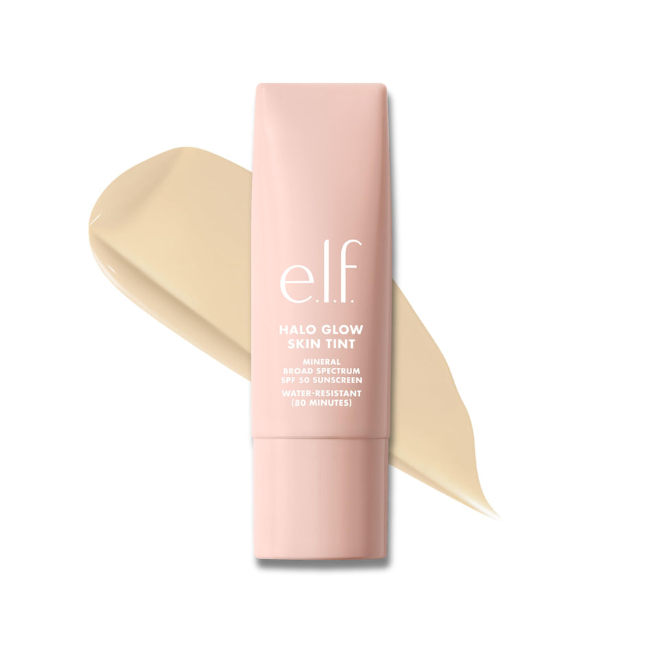 e.l.f. Halo Glow front packaging showing sleek bottle and SPF 50 protection