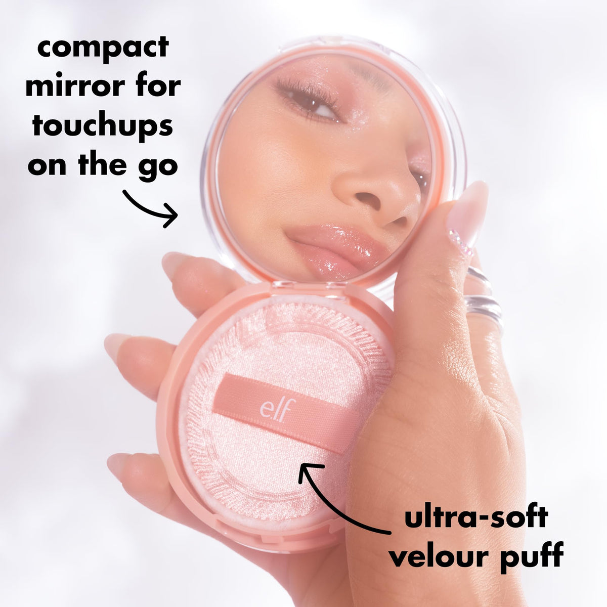 e.l.f. compact inside a makeup bag for everyday portability and quick refresh benefit