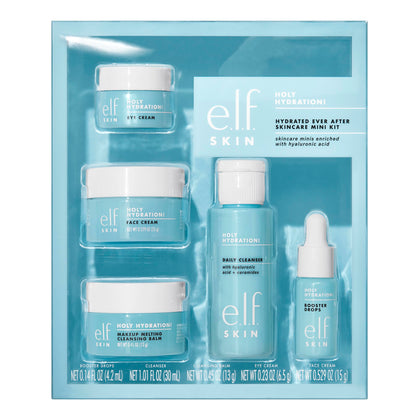 e.l.f. Holy Hydration mini kit front packaging shows compact travel-friendly set and benefits hydration