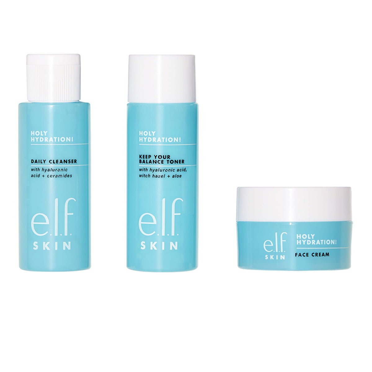 e.l.f. front packaging of the Holy Hydration! mini kit showcasing travel-ready trio and convenience