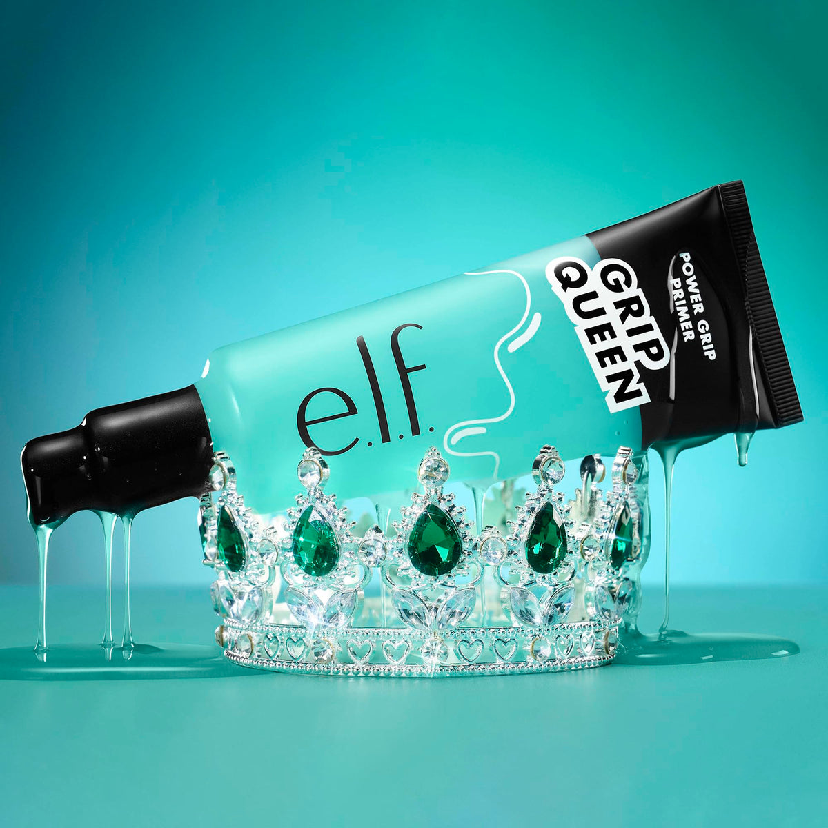e.l.f. Power Grip Primer on bathroom vanity lifestyle shot showing daily routine benefit