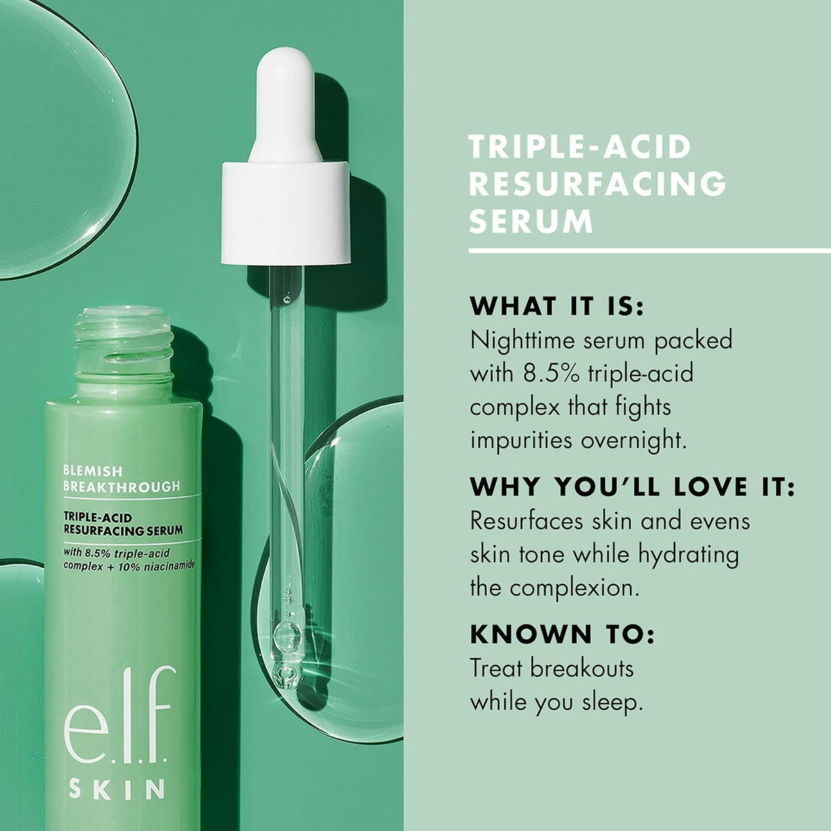 e.l.f. SKIN bottle on nightstand beside lamp — conveys nightly routine and clearer skin benefit