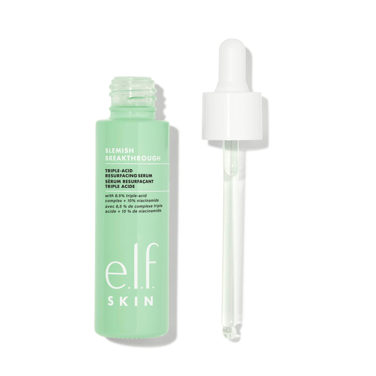 e.l.f. SKIN serum texture on pipette — shows lightweight absorbent texture benefit
