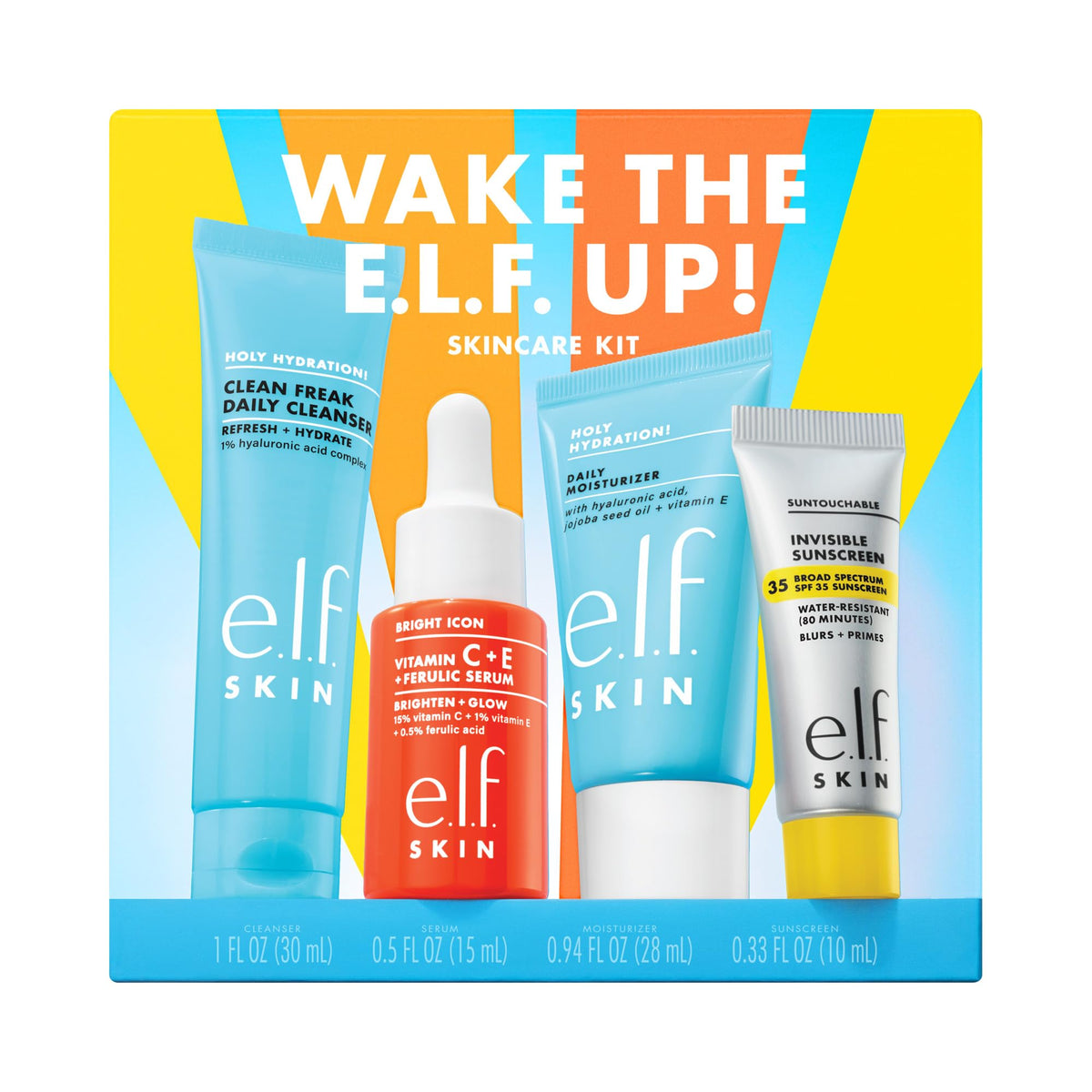 e.l.f. front view of travel kit packaging showing compact morning routine convenience