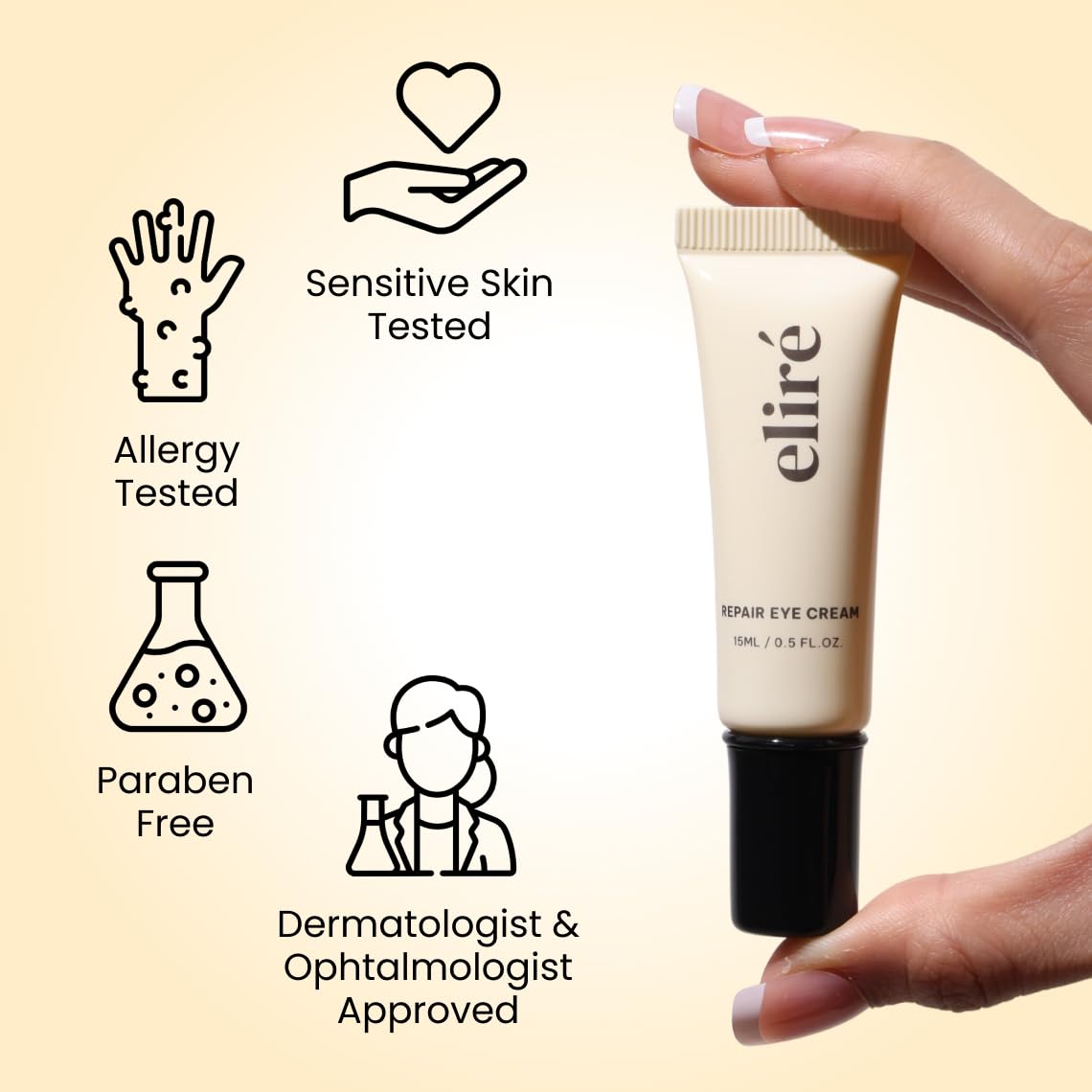 Eliré 15ml tube next to ruler for accurate size and travel convenience