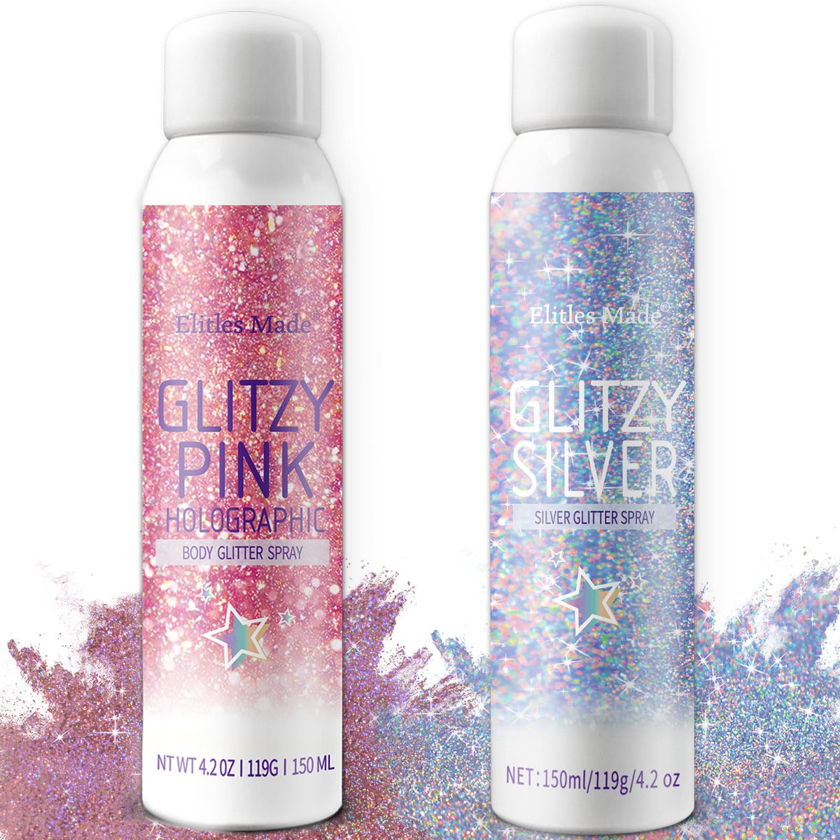 Elitles Made front packaging showing two 150ml glitter spray bottles with labels