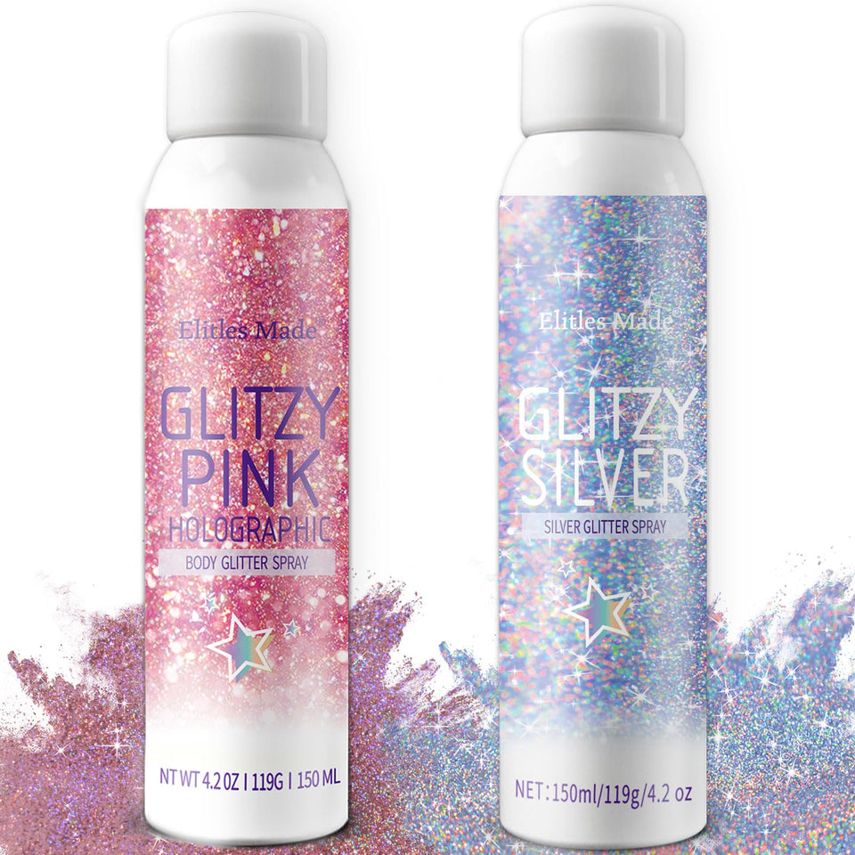 Elitles Made front packaging showing two 150ml glitter spray bottles with labels