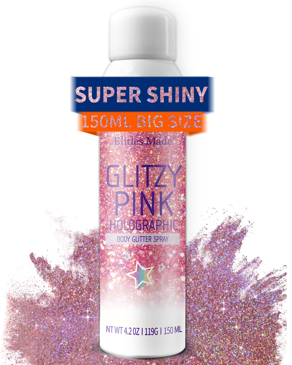 Elitles Made glitter sprayed on styled hair adding reflective holographic shine