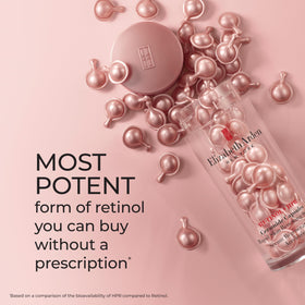 Elizabeth Arden box and scattered capsules flatlay conveying convenience