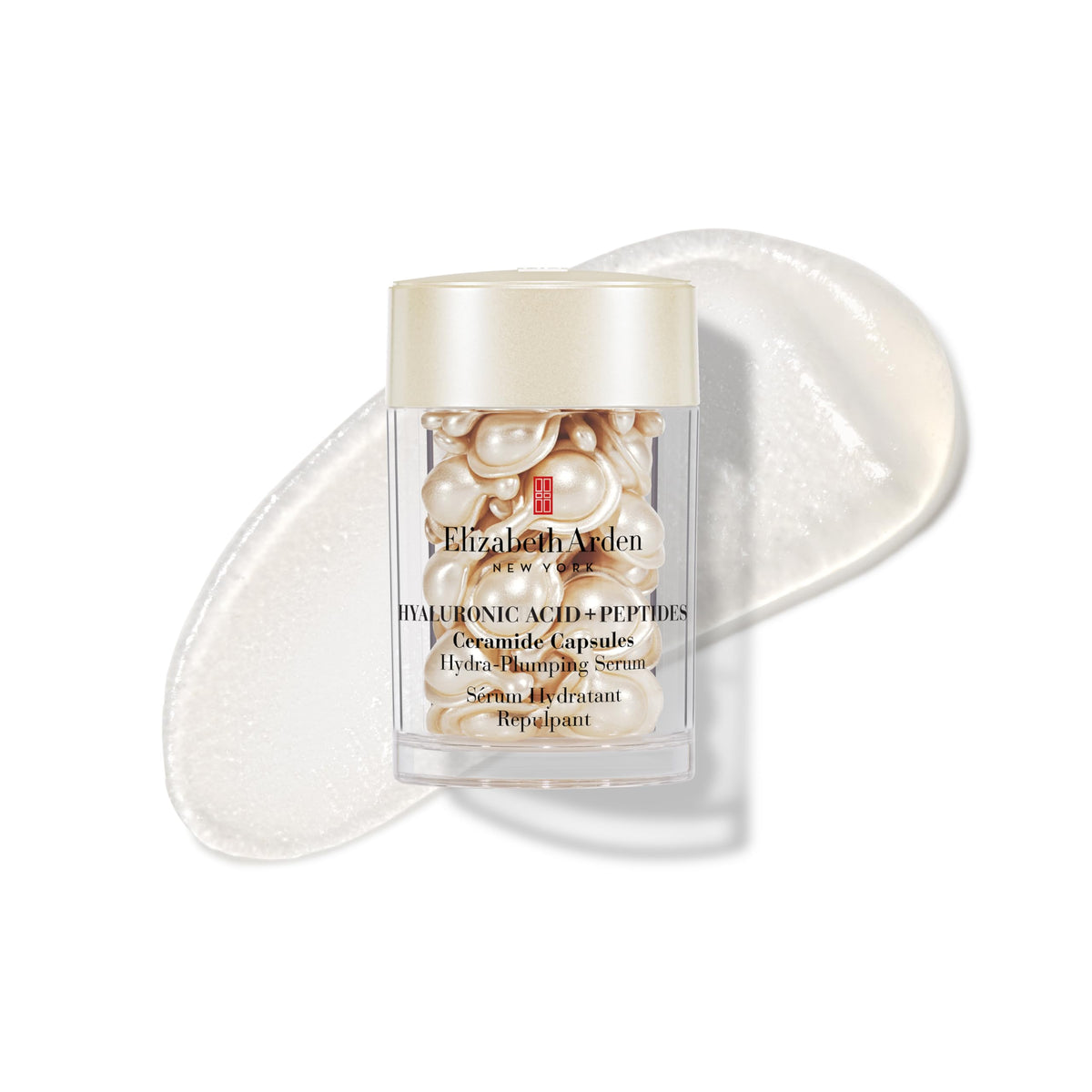 Elizabeth Arden close-up of a single hyaluronic capsule highlighting smooth shell and easy-use benefit