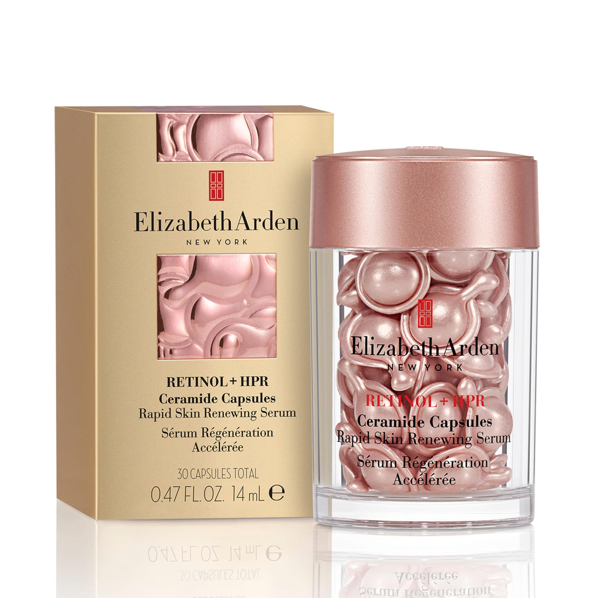 Elizabeth Arden front packaging showing capsules and clinical benefits for faster renewal