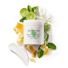 Elizabeth Arden jar with flowers conveying fresh scent and uplifting mood