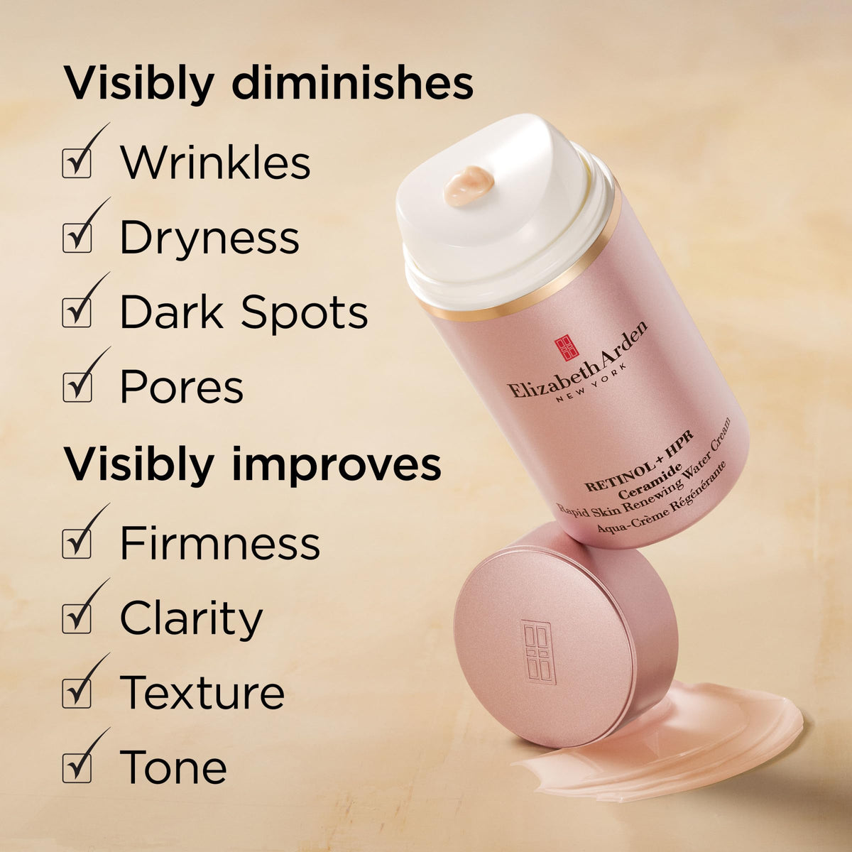 Elizabeth Arden ingredient panel showcasing niacinamide and ceramides benefits