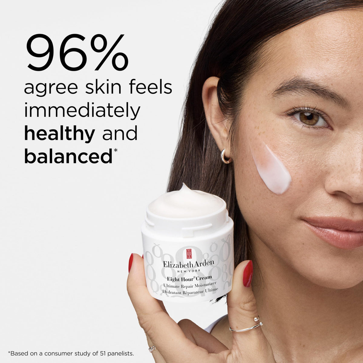 Elizabeth Arden jar in hand demonstrating compact 1.7 fl oz size benefit