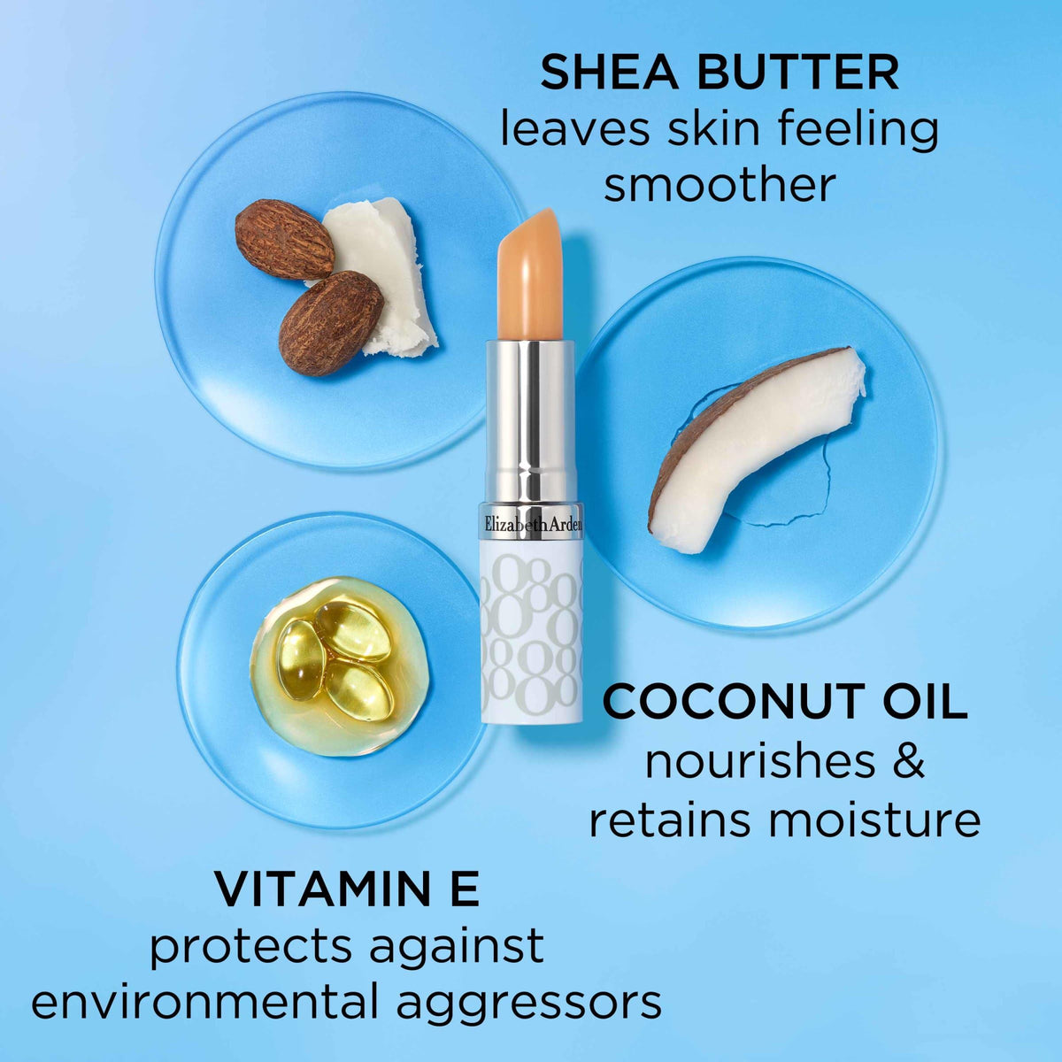 Elizabeth Arden balm applied on lips showing smooth, natural finish