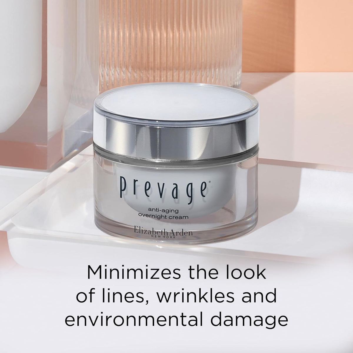 Elizabeth Arden PREVAGE next to a ruler showing 1.7 oz size for scale