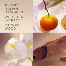 Close-up of Elizabeth Arden label highlighting white tea fragrance benefit