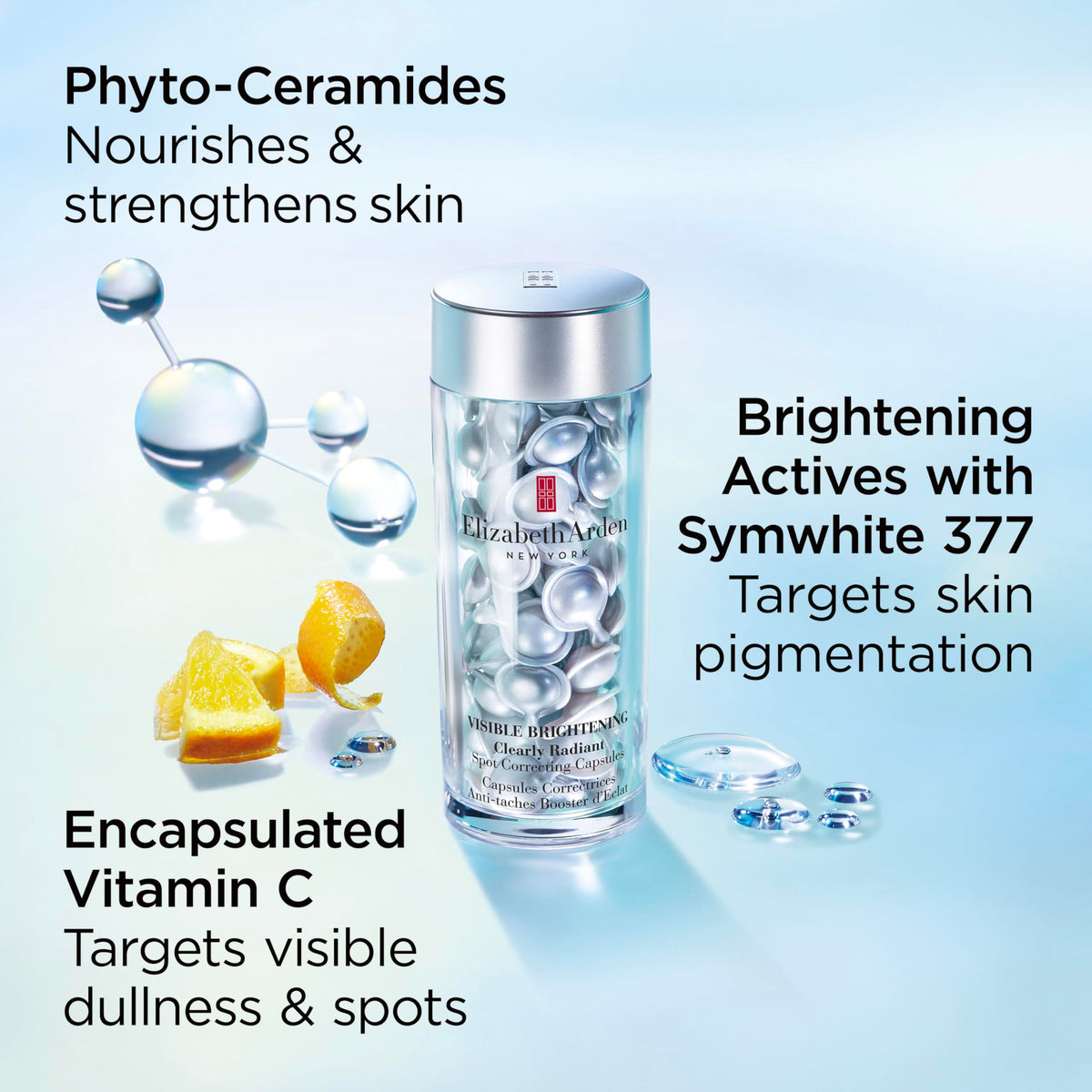 Elizabeth Arden capsules next to sunscreen illustrating daytime protection pairing