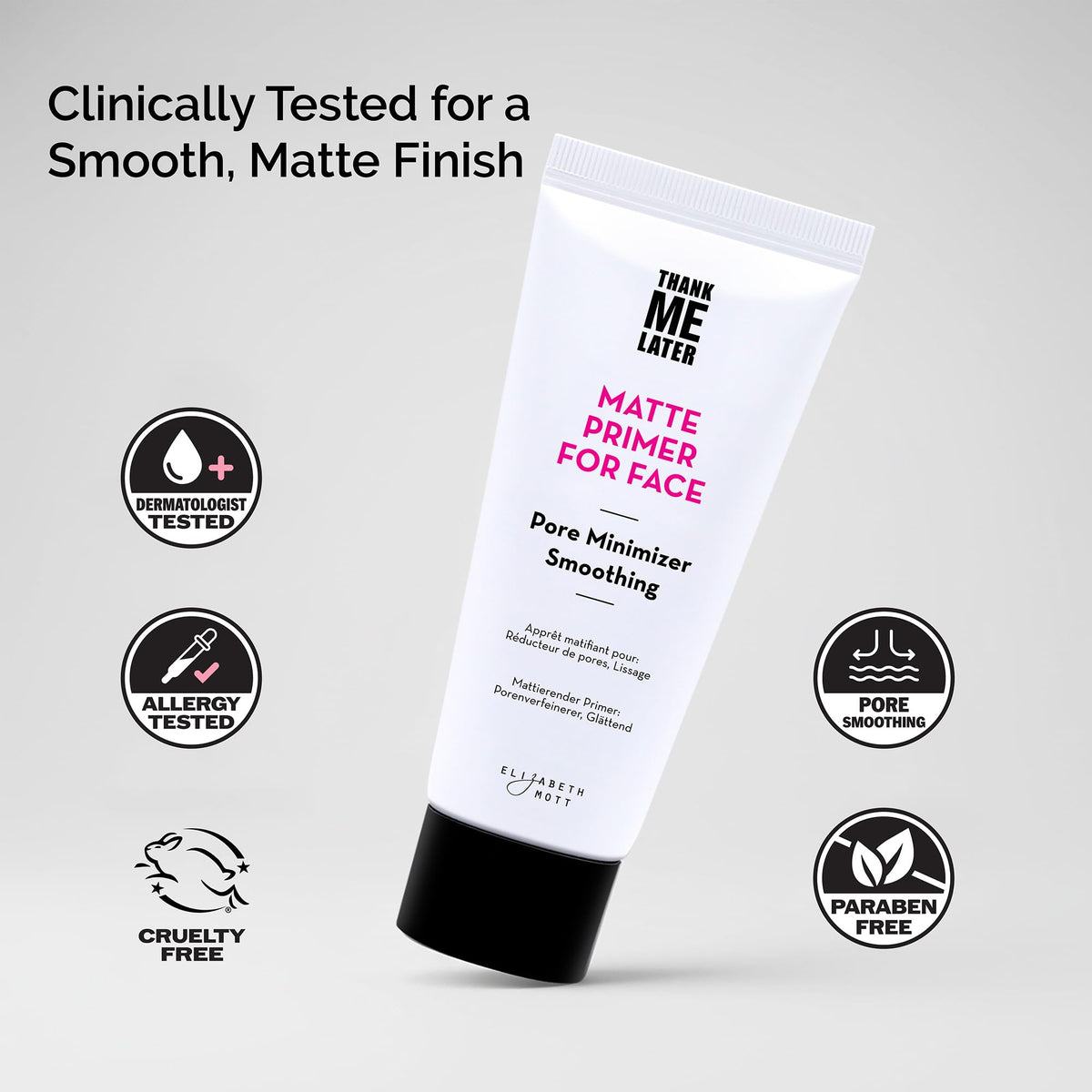 Elizabeth Mott primer applied on hand demonstrating lightweight glide