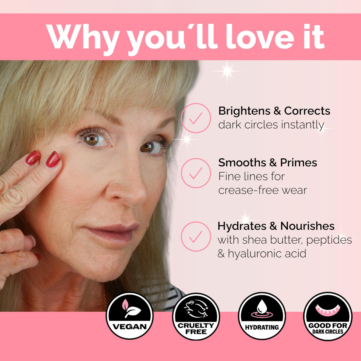 Elizabeth Mott application on skin demonstrating thin layer under-eye, improves concealer wear