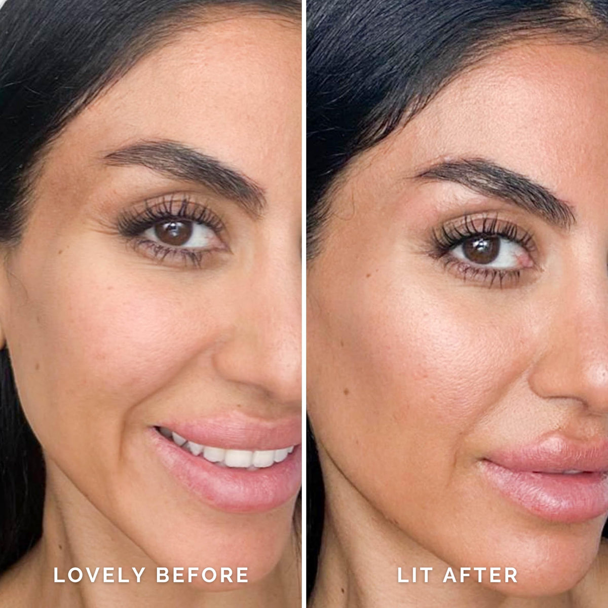 Elizabeth Mott before and after comparison showing improved skin luminosity