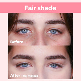 Elizabeth Mott before and after under-eye comparison, brightens and softens dark circles