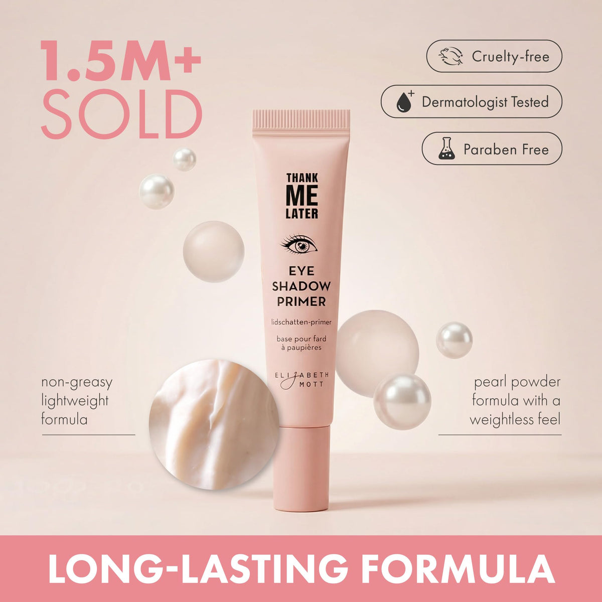 Elizabeth Mott primer swiped on wrist to show thin coverage and oil-control finish
