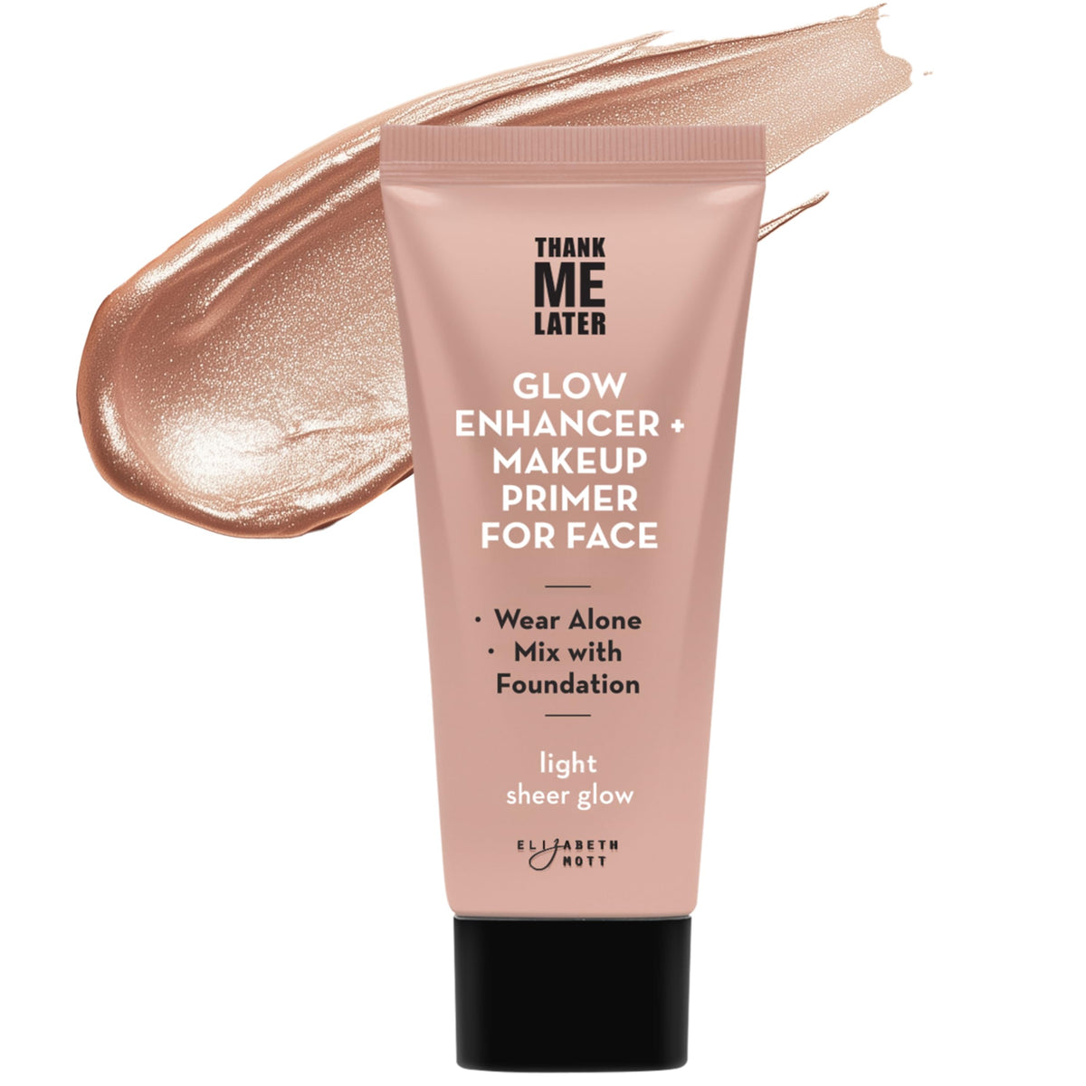 Elizabeth Mott front tube showing product packaging and glow benefit