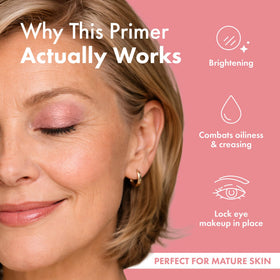 Elizabeth Mott primer tucked in a makeup bag conveying on-the-go touch-up readiness